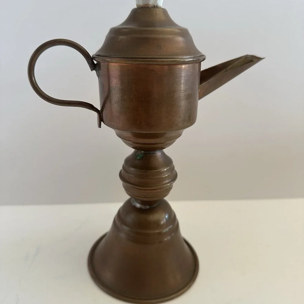 Vintage Copper Oil Lamp Pre-1950s White & Blue Knob 10